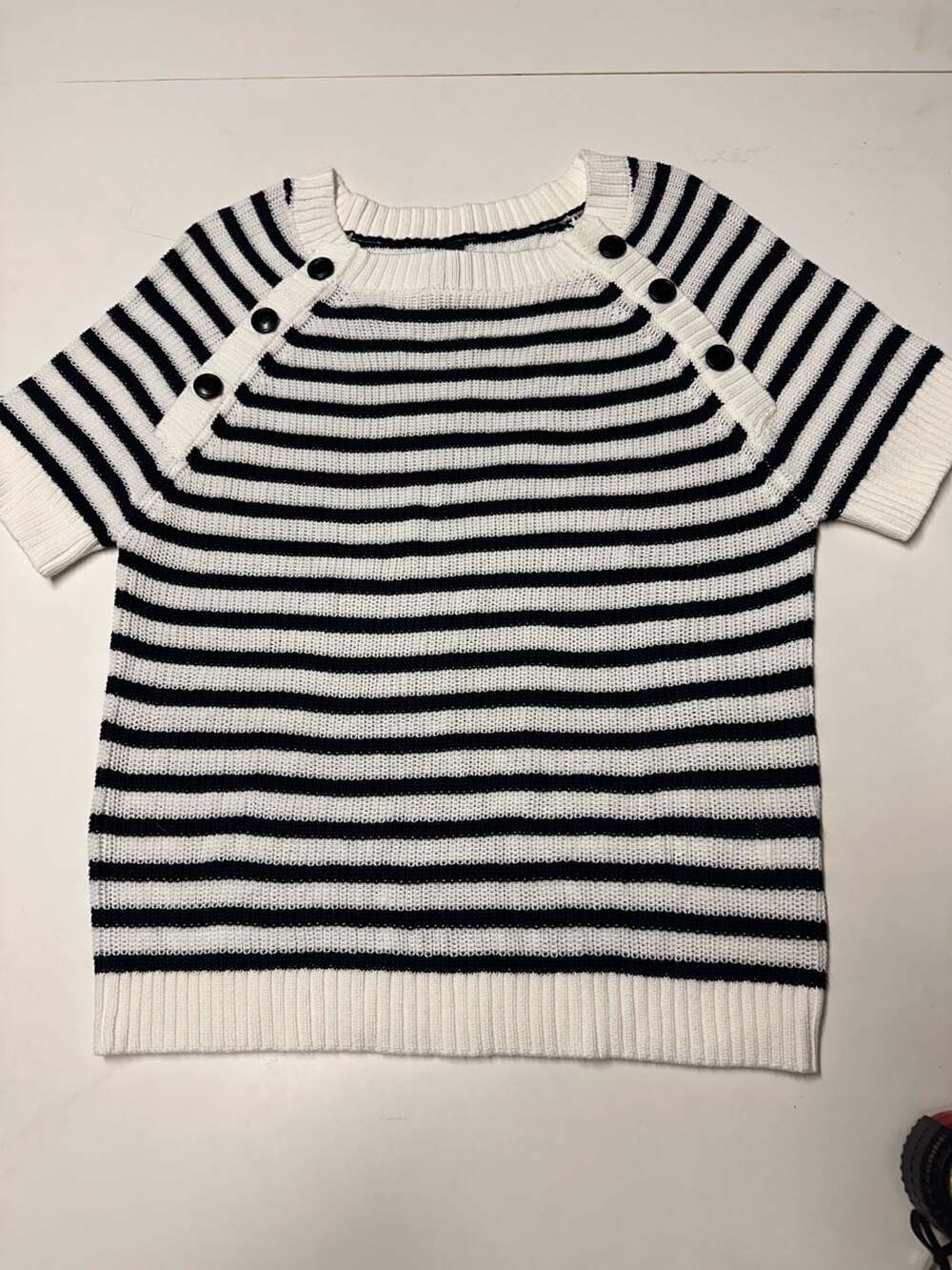 Truwelby Striped Short Sleeve Knit Sweater Size M Black White Buttons